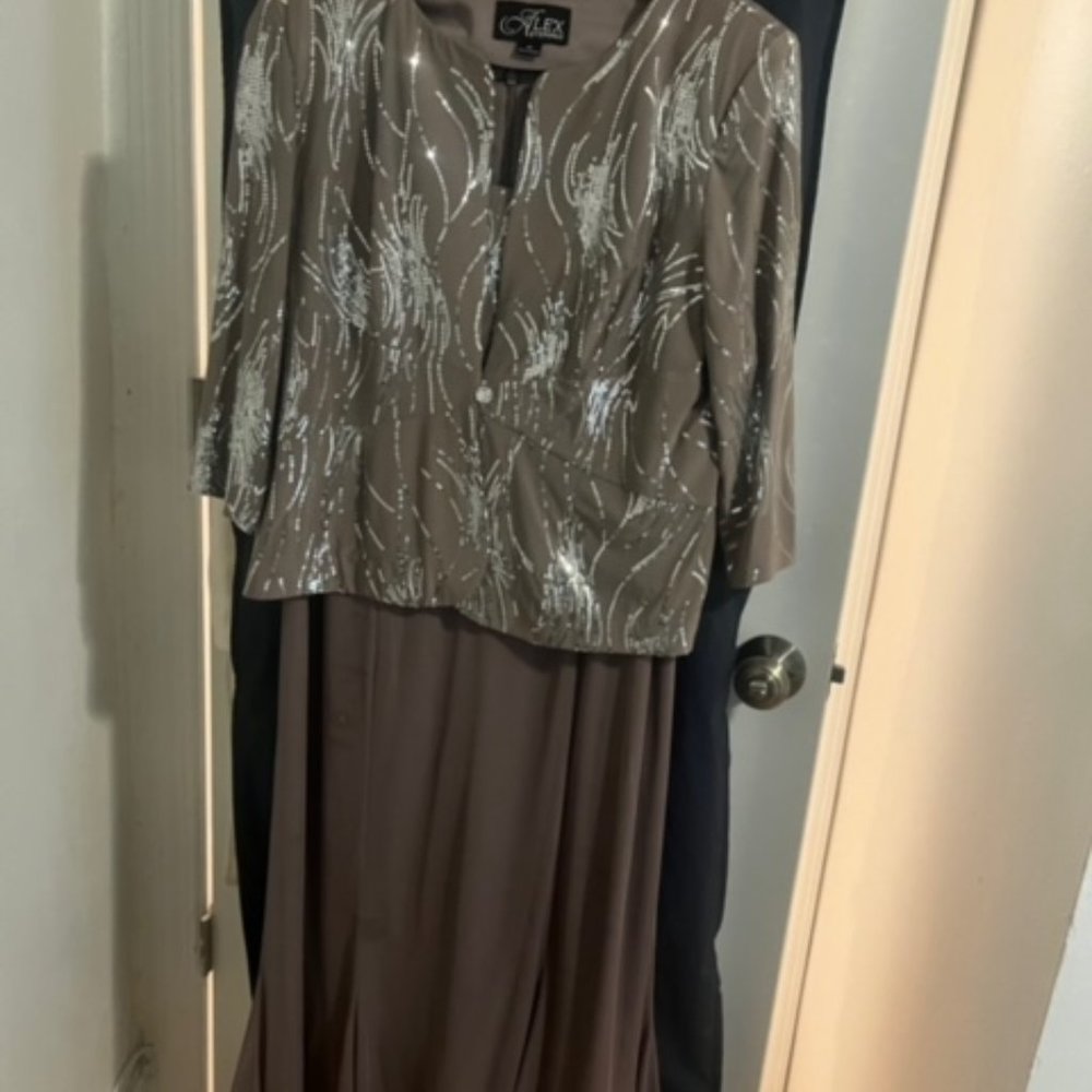 Sequinced A-Line Midi Dress and Jacket Pewter Size 14